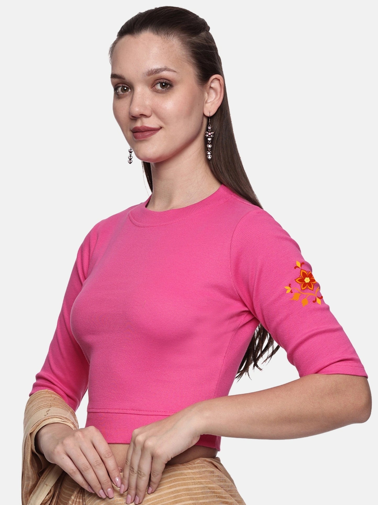 Women Back Printed Stretchable Elbow Sleeve RIB Blouse U0158 Bubble Gum Pink