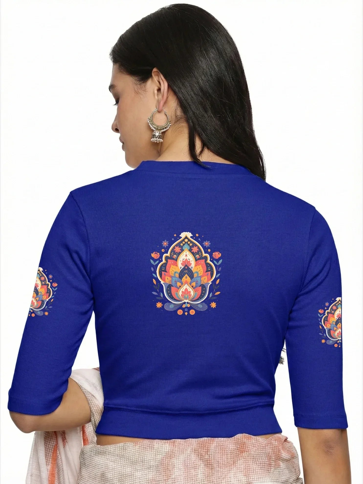 Women Back Printed Stretchable Elbow Sleeve RIB Blouse U0157 - notyetbyus