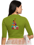 Women Back Printed Stretchable Elbow Sleeve RIB Blouse U0172 Dark Parrot Green