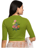 Women Back Printed Stretchable Elbow Sleeve RIB Blouse U0171 Dark Parrot Green