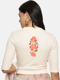 Women Back Printed Stretchable Elbow Sleeve RIB Blouse U0118 Cream