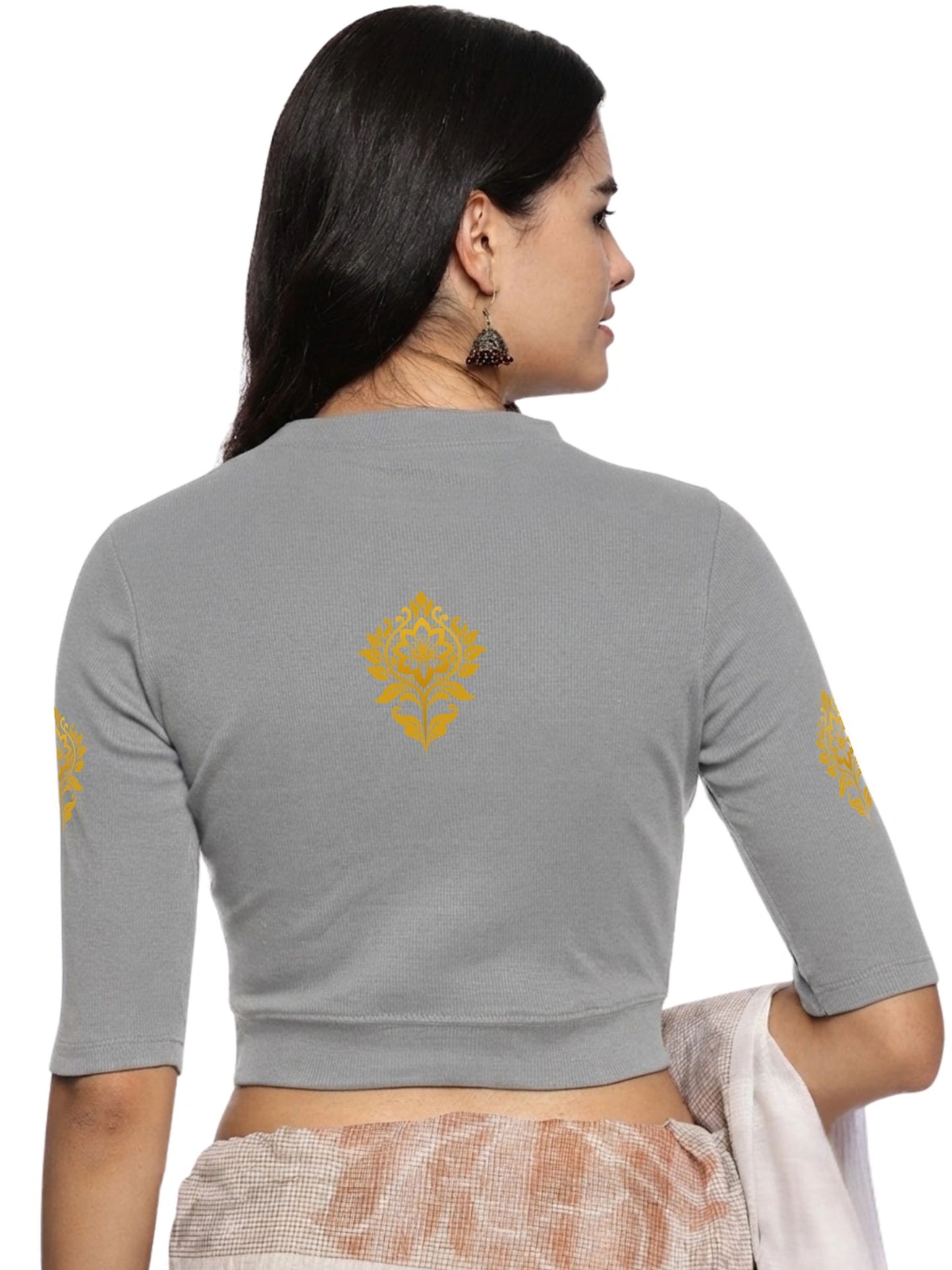 Women Back Printed Stretchable Elbow Sleeve RIB Blouse U0116 LT Steel Grey