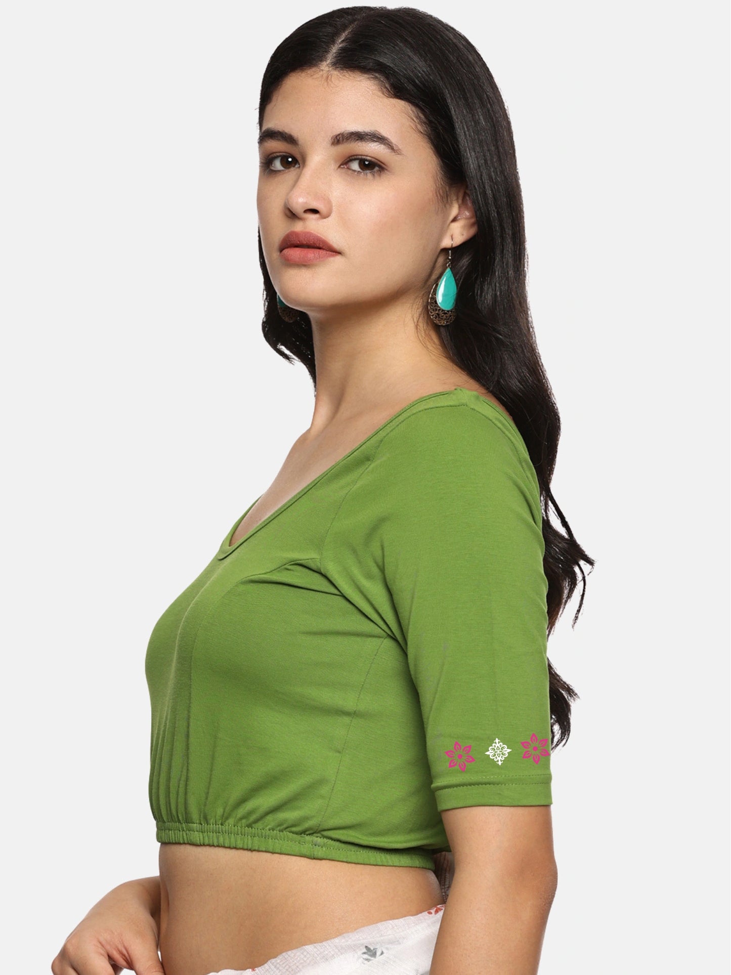 Women Back Printed Stretchable Half Sleeve Blouse U087 Mehndi Green
