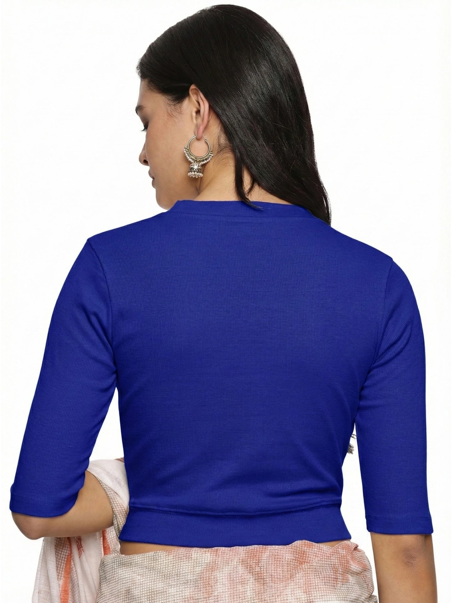 Women Plain Stretchable Elbow Sleeve RIB Blouse U0121 Royal Blue