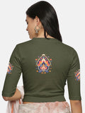 Women Back Printed Stretchable Elbow Sleeve RIB Blouse U0157 Olive Green