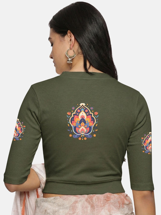 Women Back Printed Stretchable Elbow Sleeve RIB Blouse U0157 Olive Green