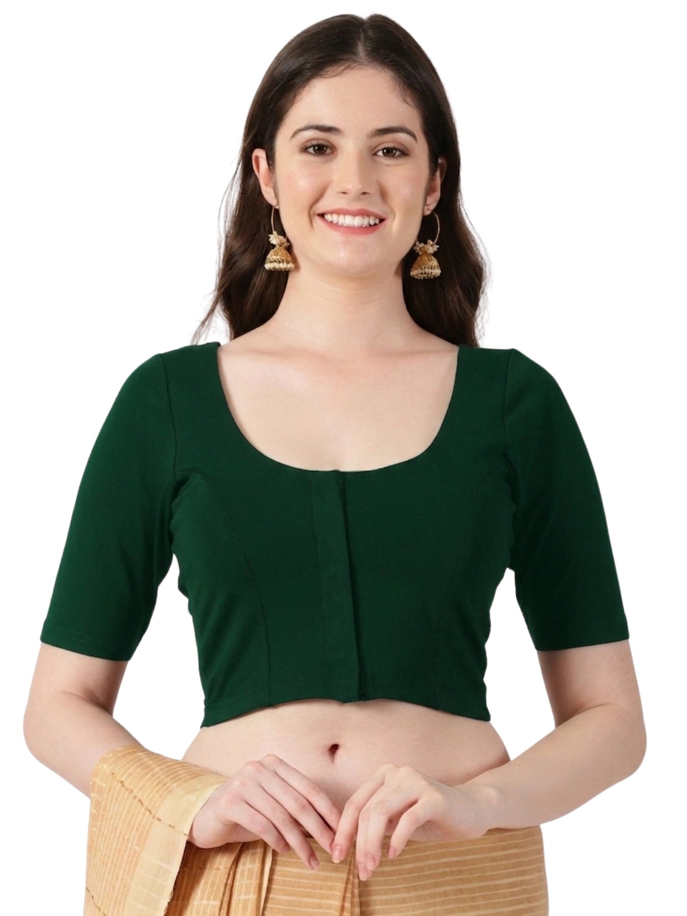 DIY Embroidery Kit with Women Front Open Stretchable Half Sleeve Blouse E01 – Bottle Green