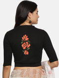 Women Back Printed Stretchable Elbow Sleeve RIB Blouse U0118 Black
