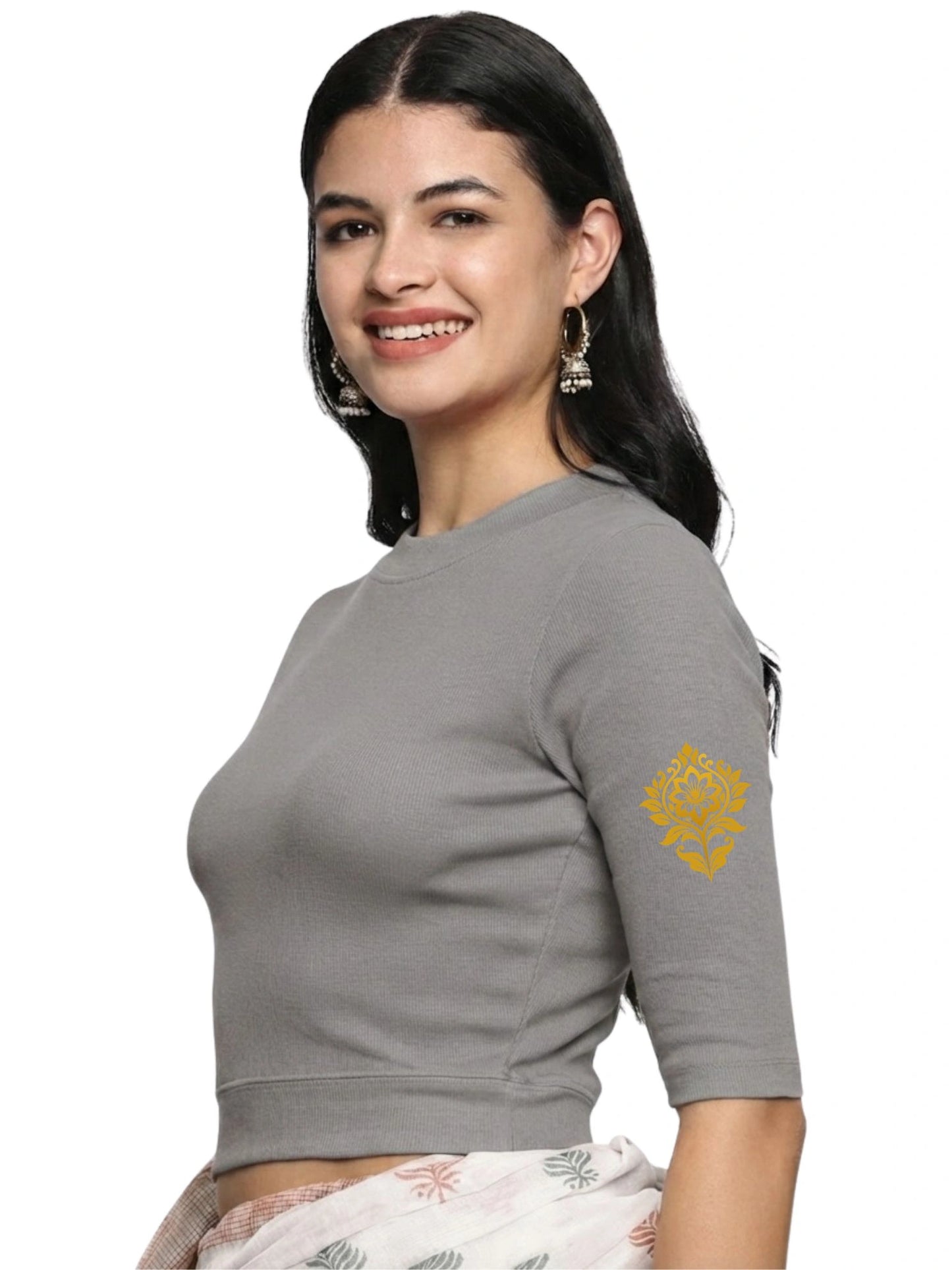 Women Back Printed Stretchable Elbow Sleeve RIB Blouse U0116 LT Steel Grey