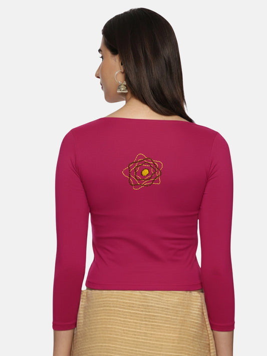 DIY Embroidery Kit with Women Stretchable Three Fourth Sleeve Blouse E02 – Rani Pink