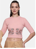Women Back Printed Stretchable Elbow Sleeve RIB Blouse U0156 Blush Pink