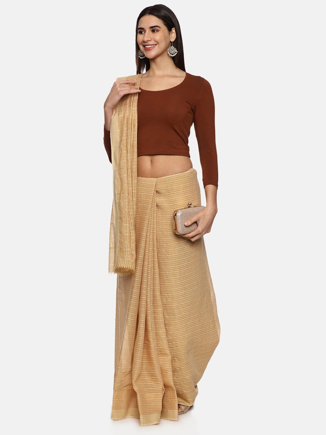 DIY Embroidery Kit with Women Stretchable Three Fourth Sleeve Blouse E03 – Honey Brown