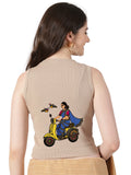 Women Back Printed Stretchable Sleeveless Close Neck RIB Blouse U0255 Chikoo