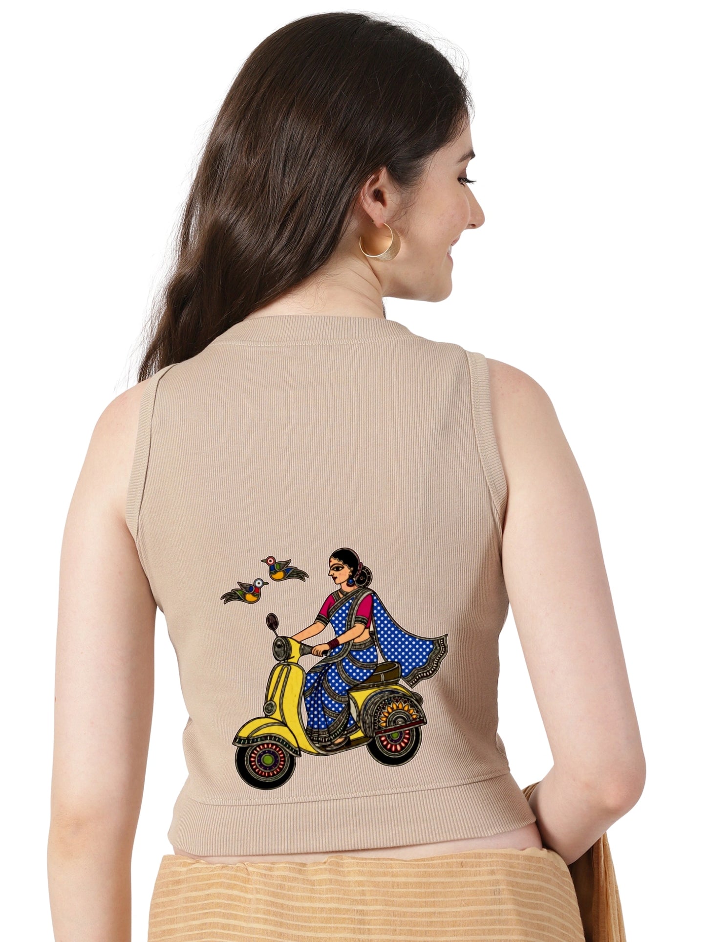Women Back Printed Stretchable Sleeveless Close Neck RIB Blouse U0255 Chikoo