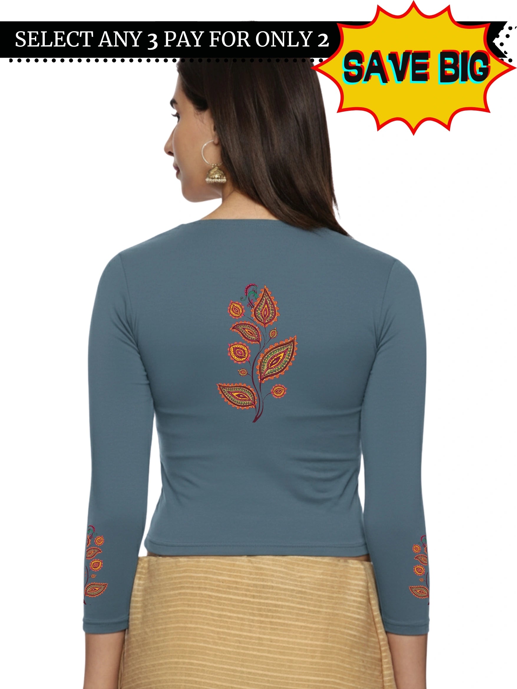 Women Three Fourth Sleeve Back Print Stretchable Blouse U0181 - notyetbyus