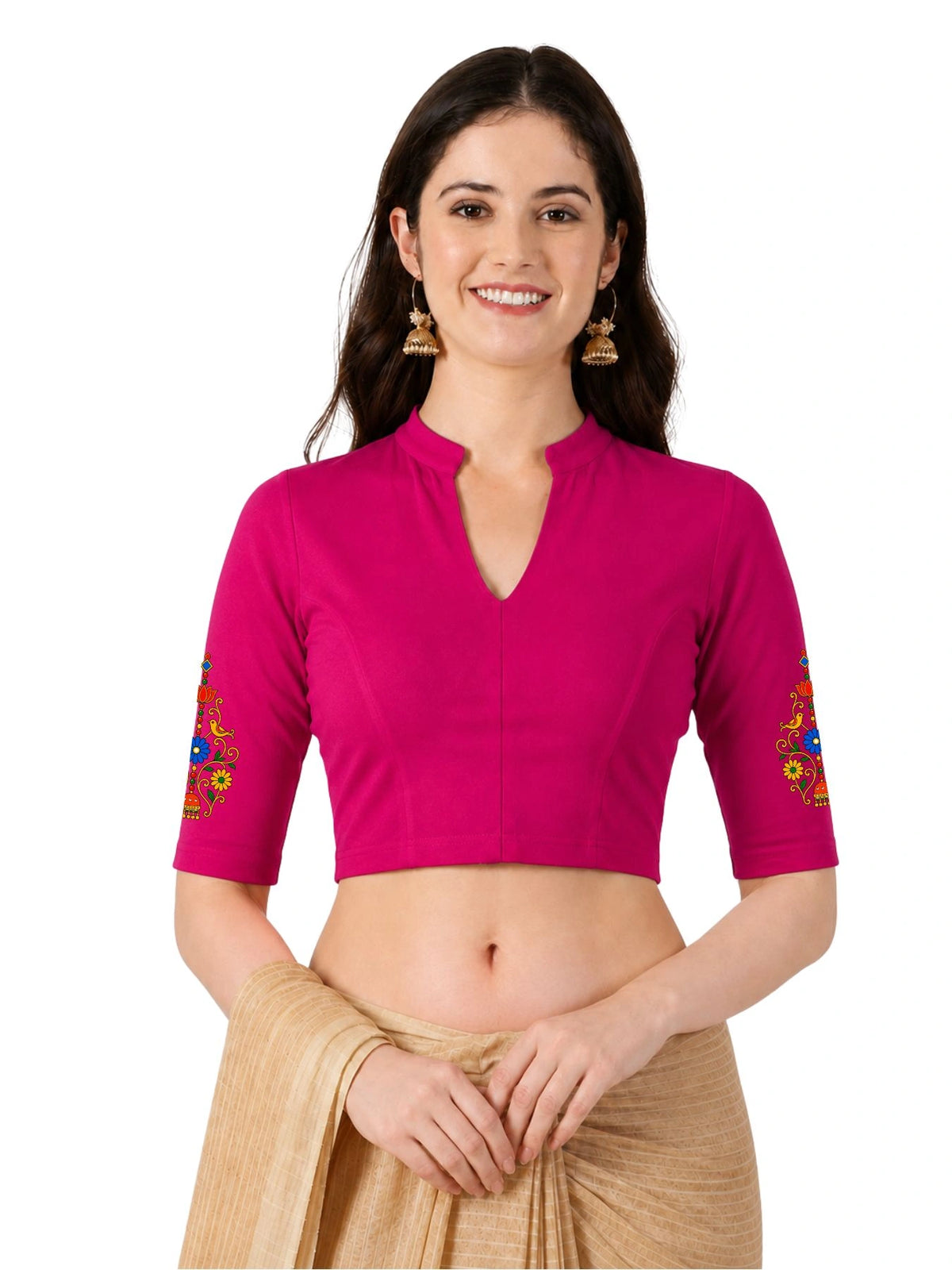 Women Mandarin Collar Back Printed Stretchable Elbow Sleeve Blouse U0267 Rani Pink