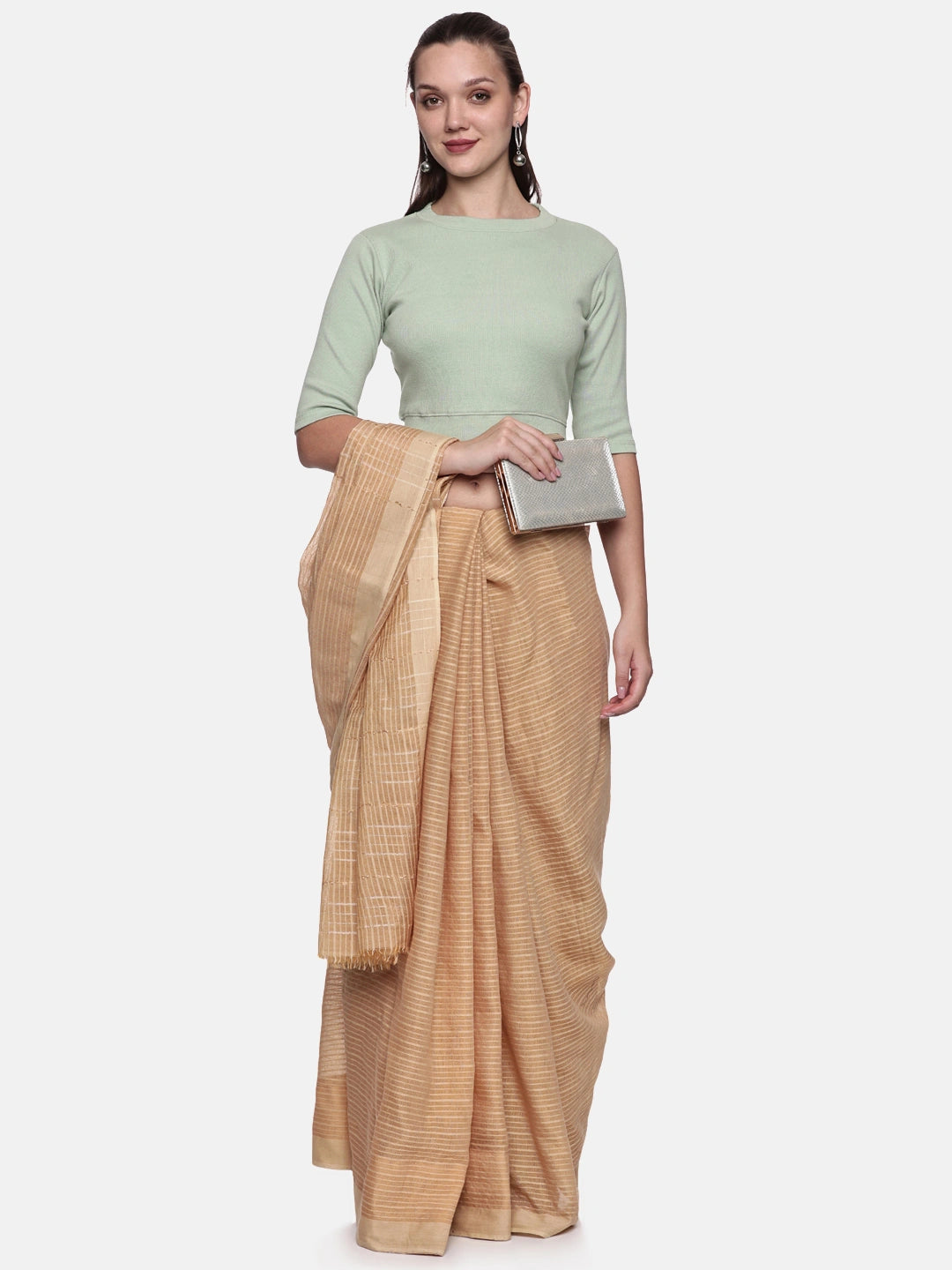 Women Plain Stretchable Elbow Sleeve RIB Blouse U0121 Sage Green