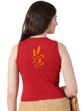 Women Back Printed Stretchable Sleeveless Close Neck RIB Blouse U0239 Red
