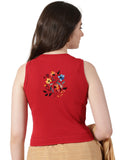 Women Back Printed Stretchable Sleeveless Close Neck RIB Blouse U0237 Red