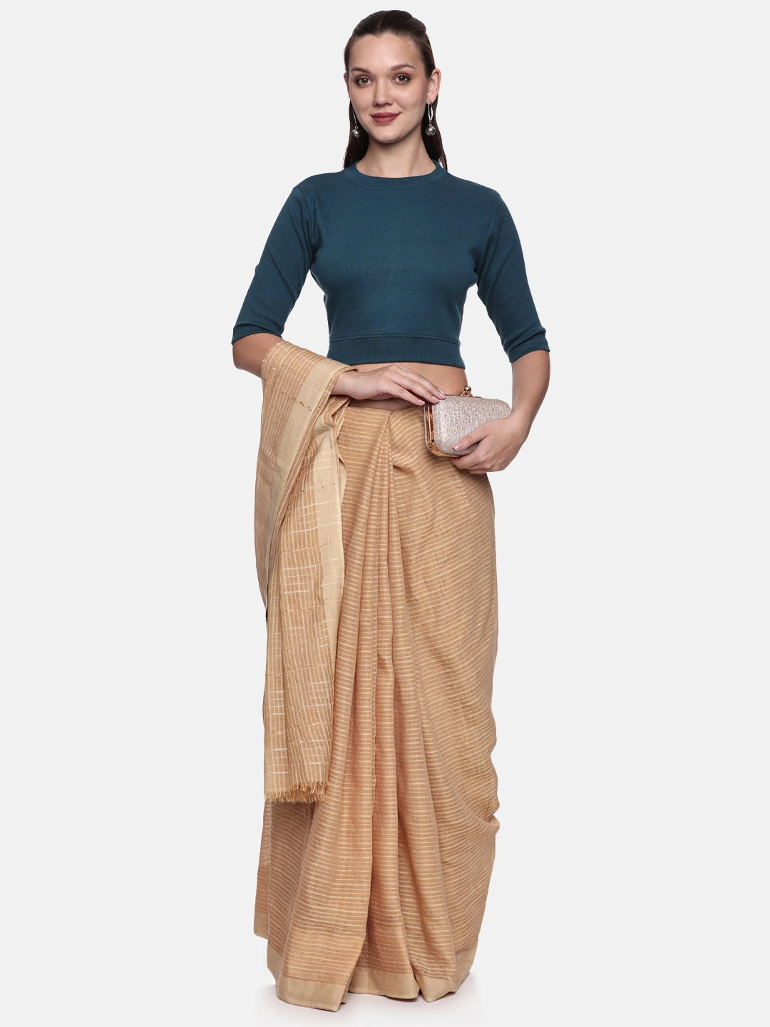 Women Plain Stretchable Elbow Sleeve RIB Blouse U0121 Teal Green