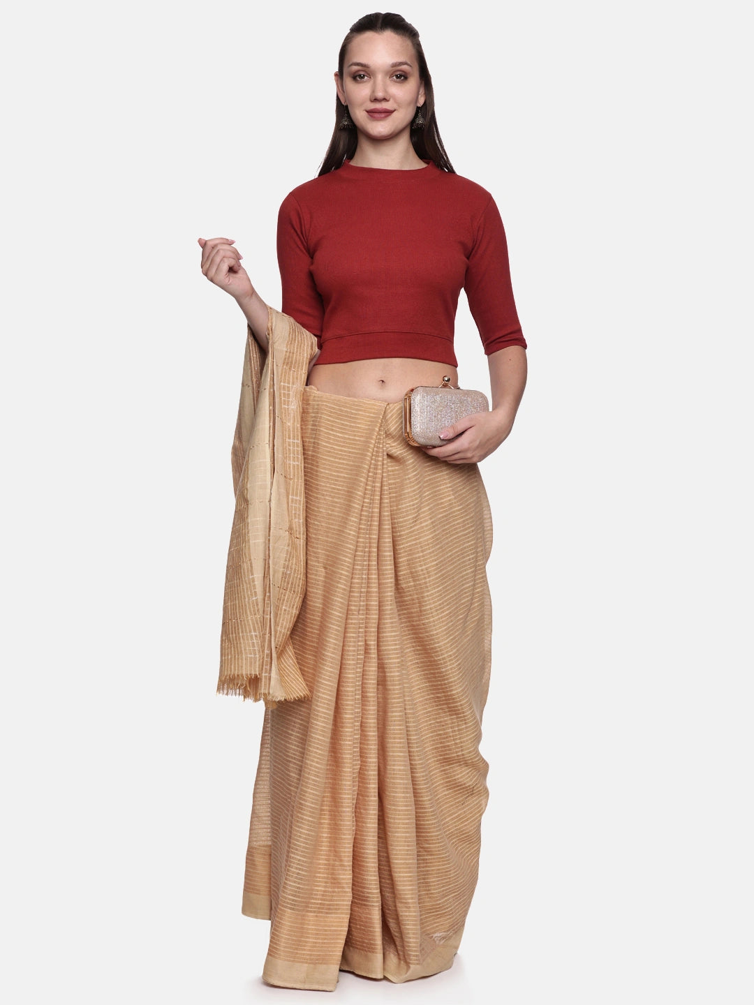 Women Plain Stretchable Elbow Sleeve RIB Blouse U0121 Terracotta Red