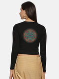Women Back Printed Stretchable Full Sleeve V Neck RIB Blouse U0188 Black