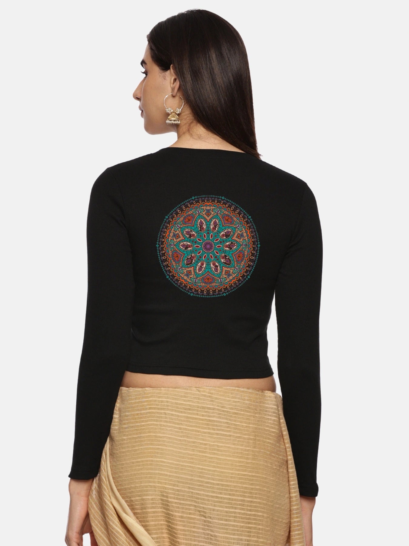 Women Back Printed Stretchable Full Sleeve V Neck RIB Blouse U0188