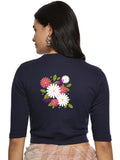 Women Back Printed Stretchable Elbow Sleeve RIB Blouse U0145 Navy