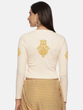 Women Back Printed Stretchable Full Sleeve V Neck RIB Blouse U0189 Cream
