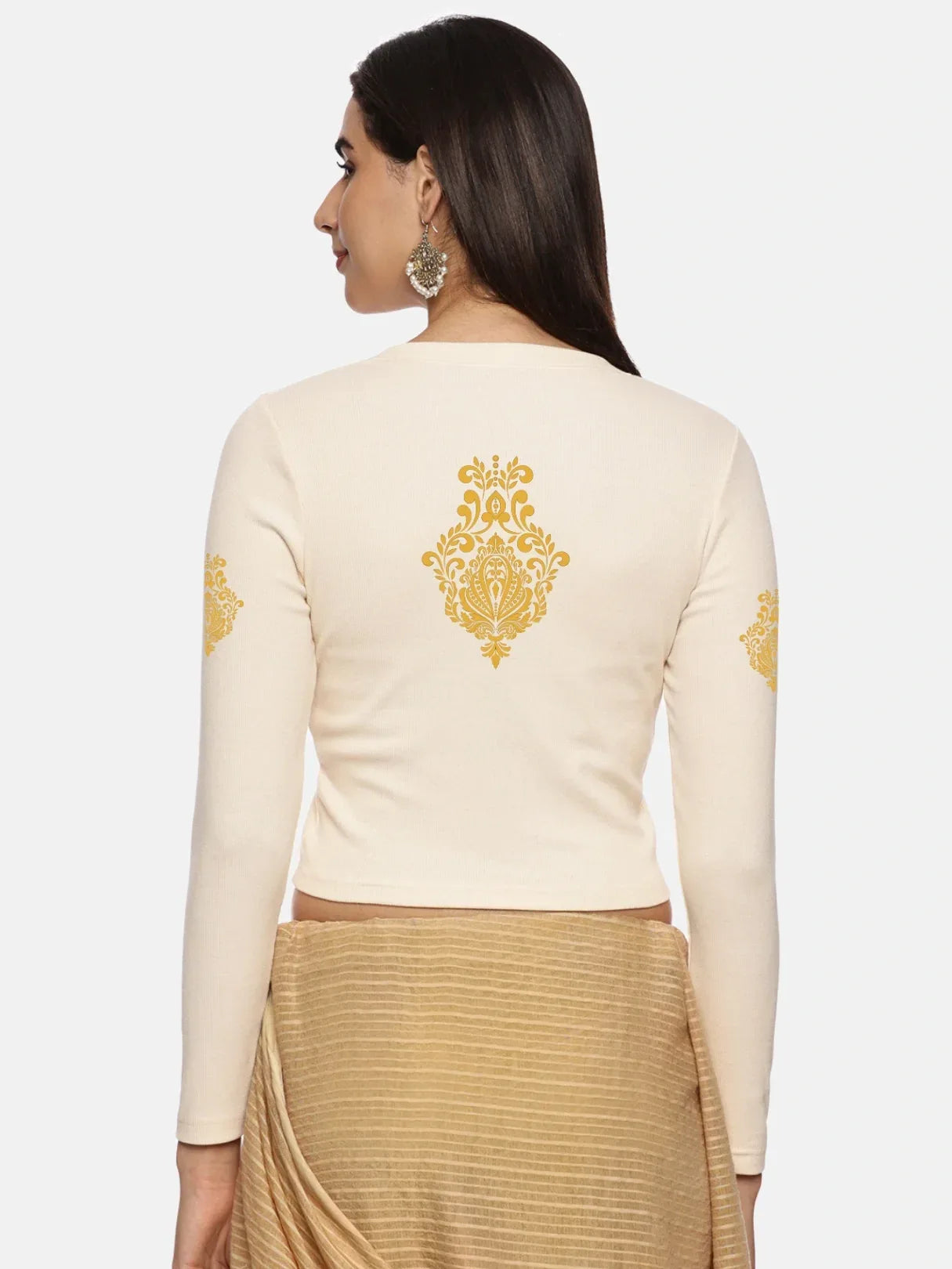 Women Back Printed Stretchable Full Sleeve V Neck RIB Blouse U0189 - notyetbyus