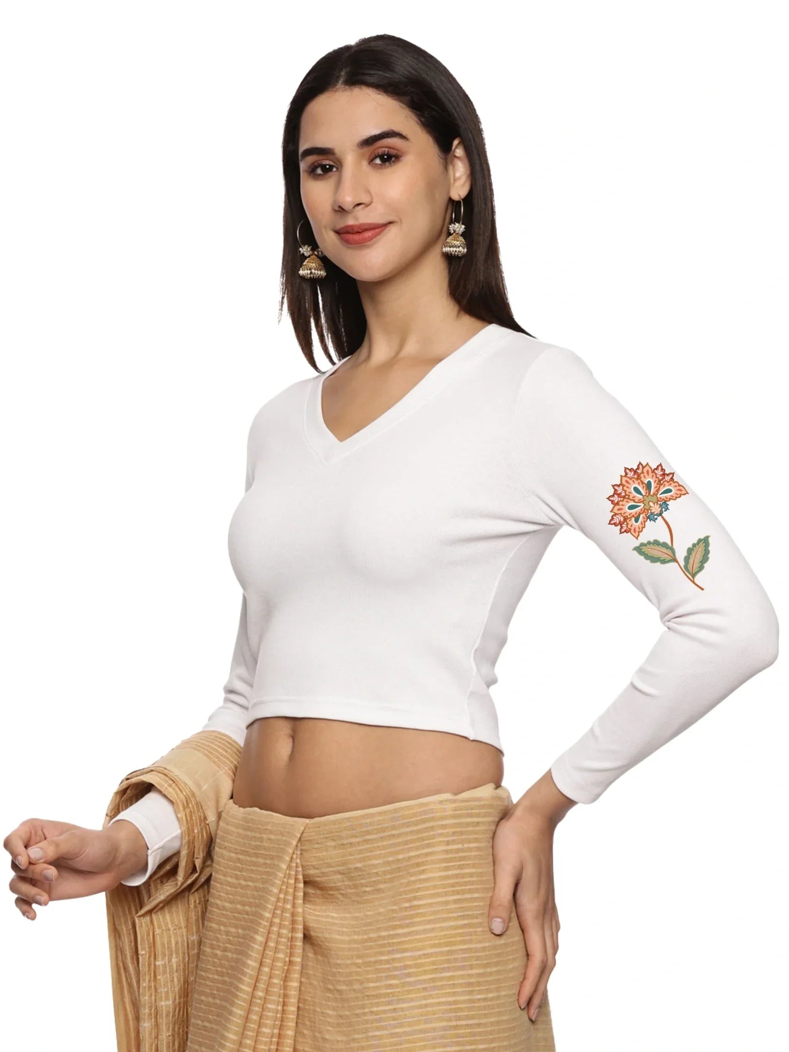 Women Back Printed Stretchable Full Sleeve V Neck RIB Blouse U0211 - notyetbyus