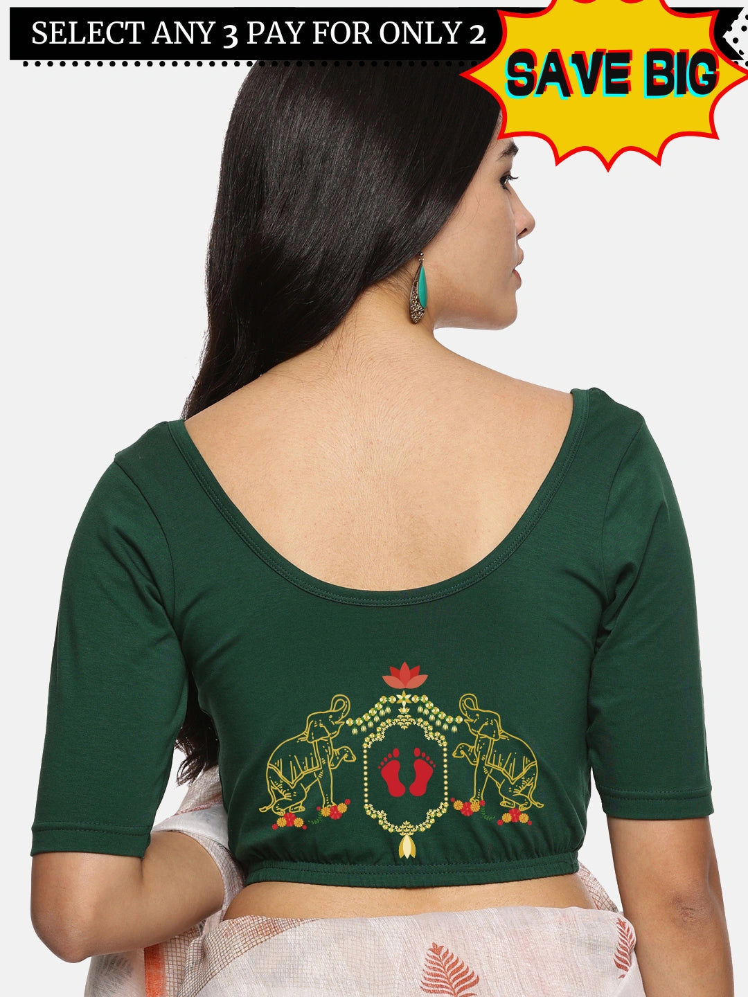 Women Back Printed Stretchable Half Sleeve  Blouse U084 Bottle Green