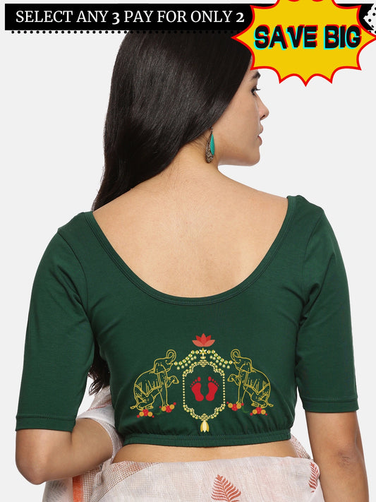 Women Back Printed Stretchable Half Sleeve  Blouse U084 Bottle Green
