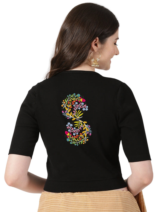 Women Stretchable Rib Square Neck Puff Sleeve Blouse Back Print U0257 Black
