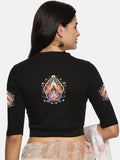 Women Back Printed Stretchable Elbow Sleeve RIB Blouse U0157 Black