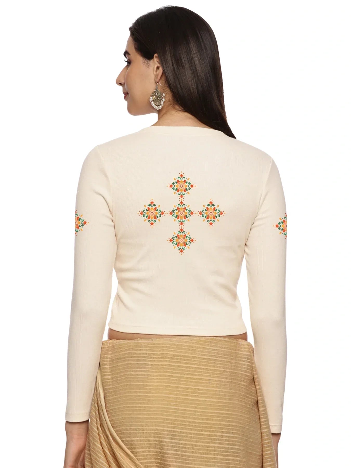Women Back Printed Stretchable Full Sleeve V Neck RIB Blouse U0215 - notyetbyus