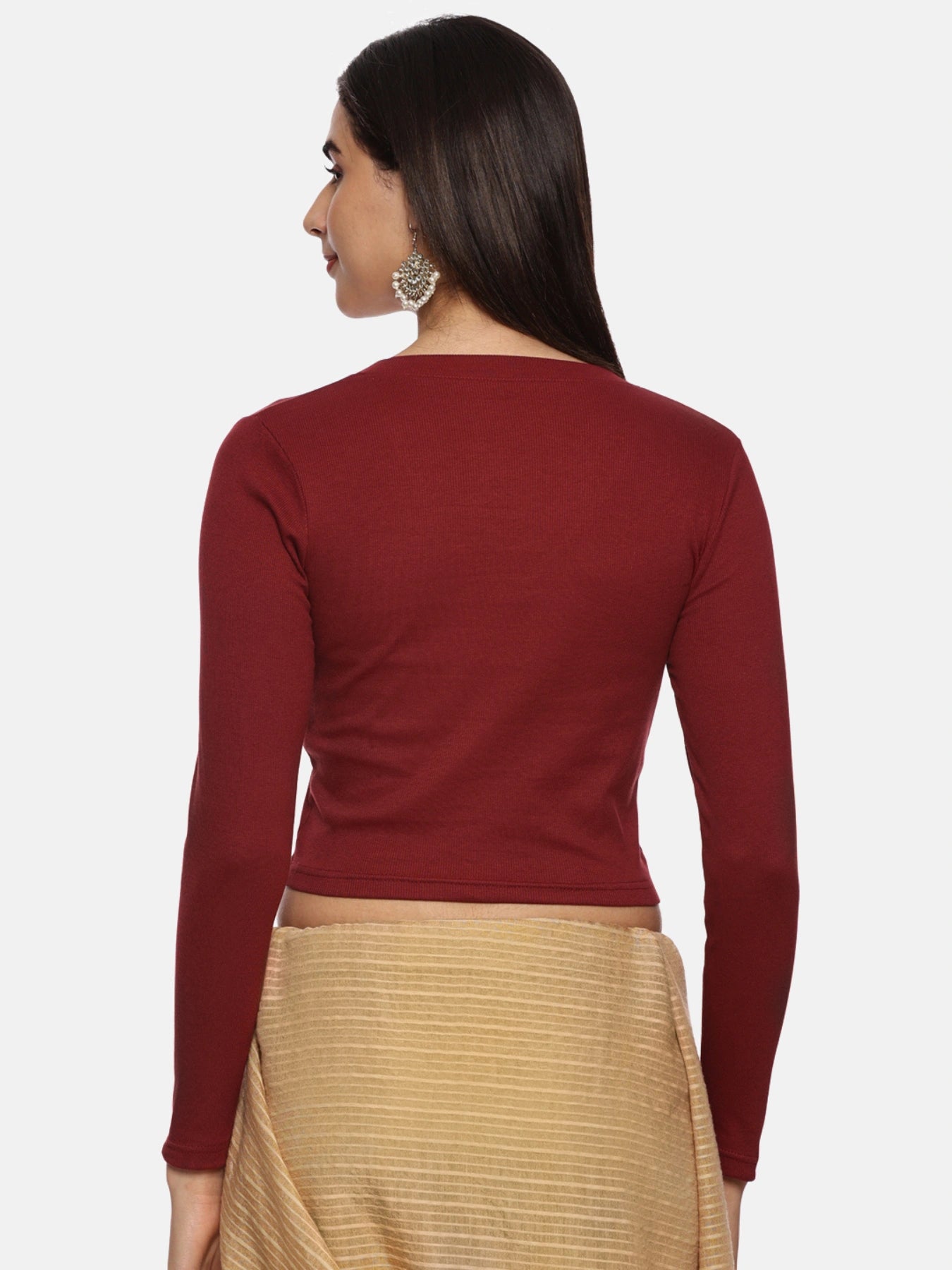 Women Plain Stretchable Full Sleeve V Neck RIB Blouse U0191 Maroon