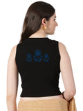 Women Back Printed Stretchable Sleeveless Close Neck RIB Blouse U0238 Black