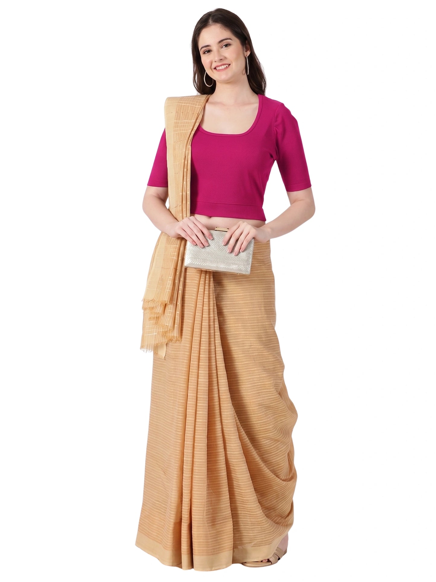 Women Plain Stretchable Rib Square Neck Puff Sleeve Blouse U0251 Rani Pink
