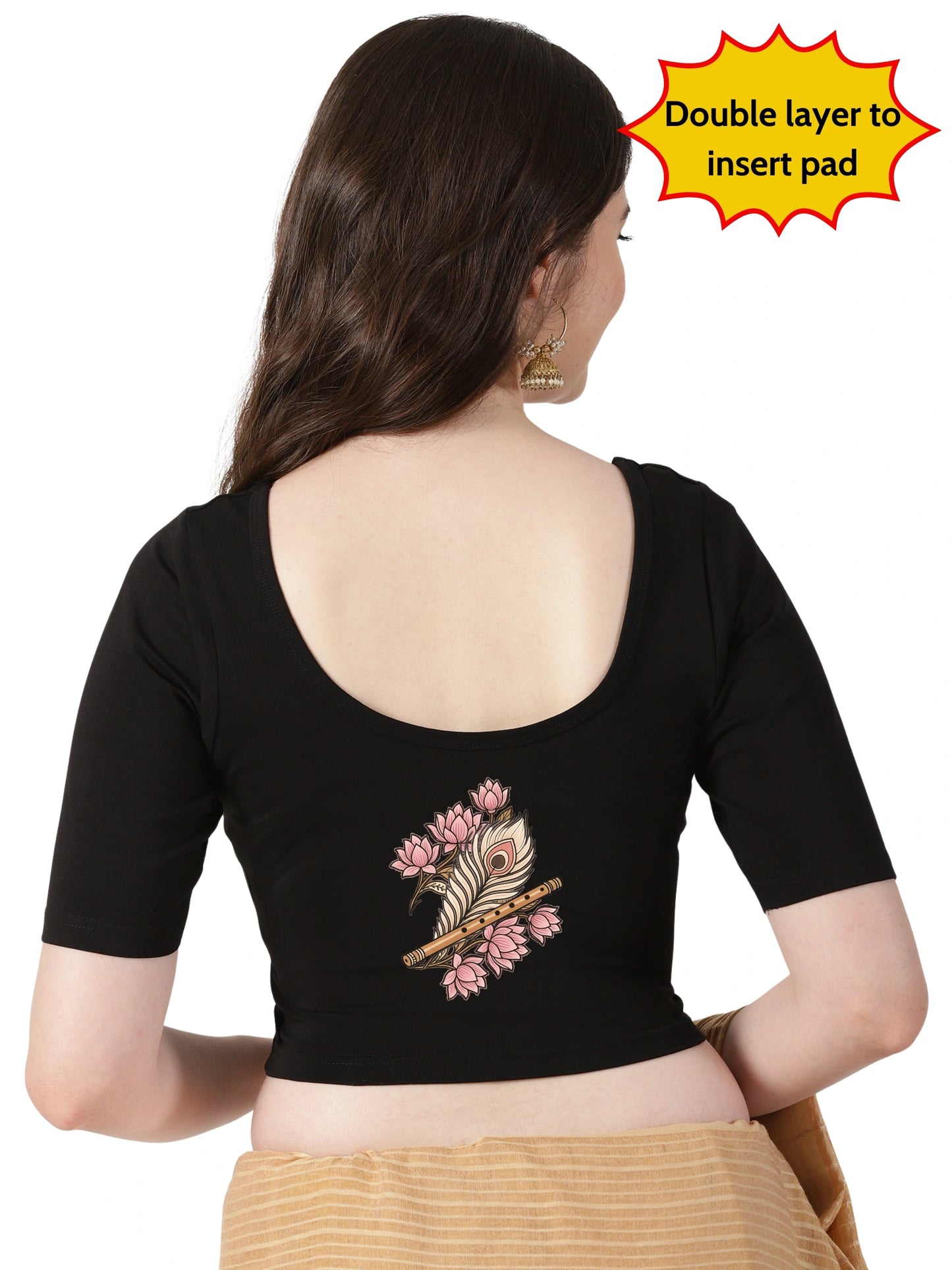 Women Front Open Back Printed Stretchable Half Sleeve Blouse U0262 Black