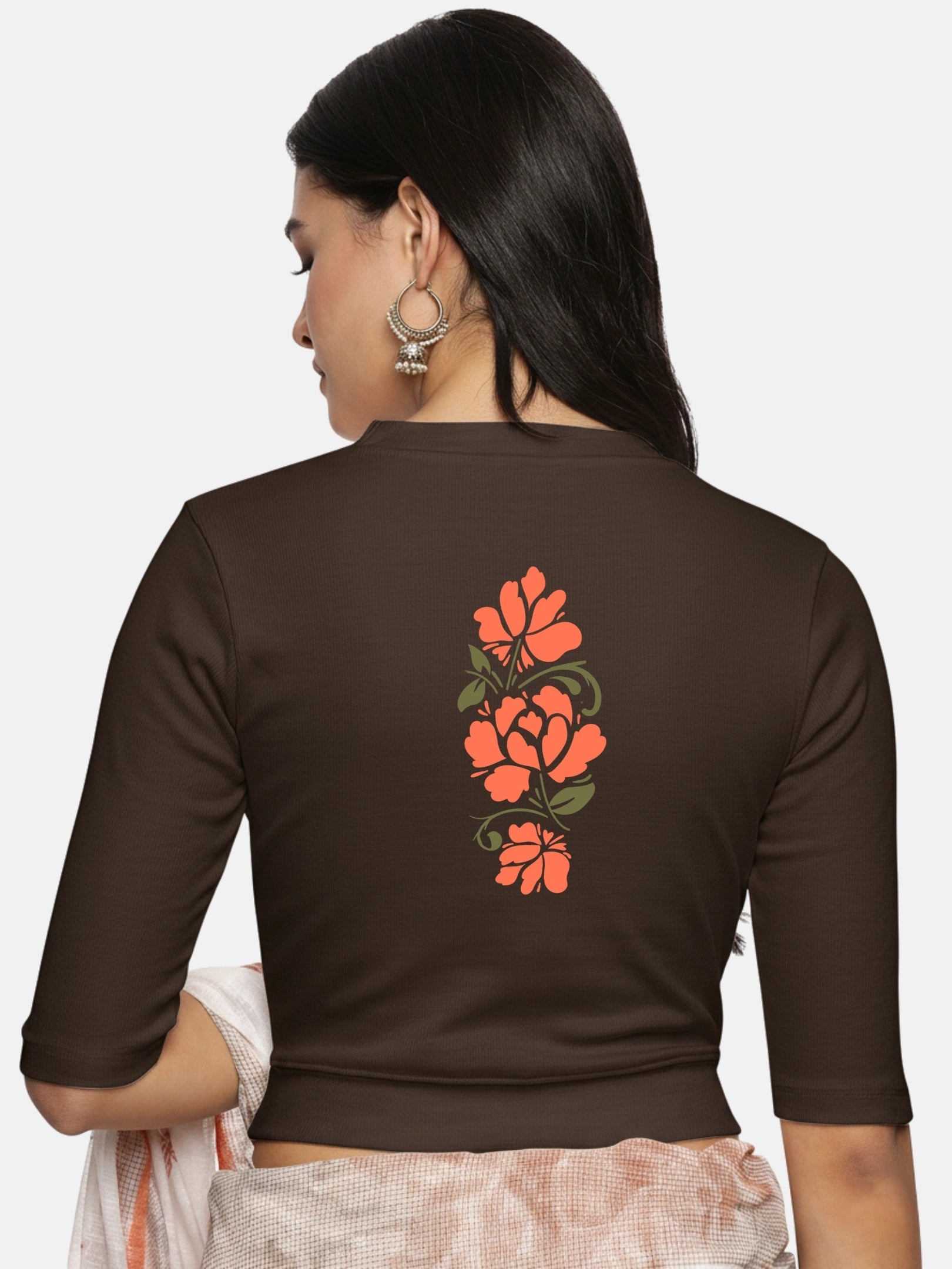 Women Back Printed Stretchable Elbow Sleeve RIB Blouse U0118 - notyetbyus