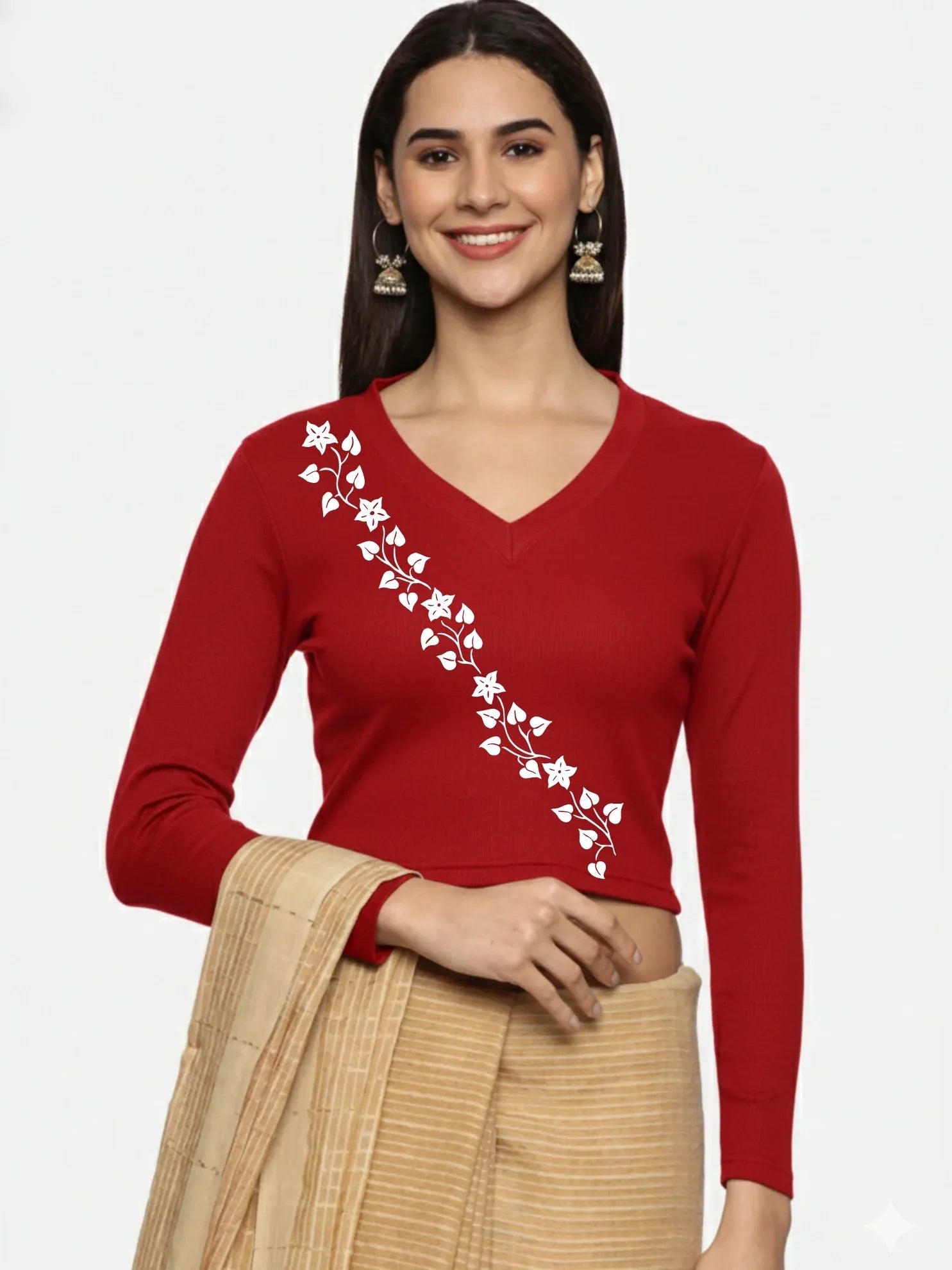 Women Back Printed Stretchable Full Sleeve V Neck RIB Blouse U0219 - notyetbyus