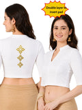 Women Mandarin Collar Back Gold Printed Stretchable Elbow Sleeve Blouse M0275 White