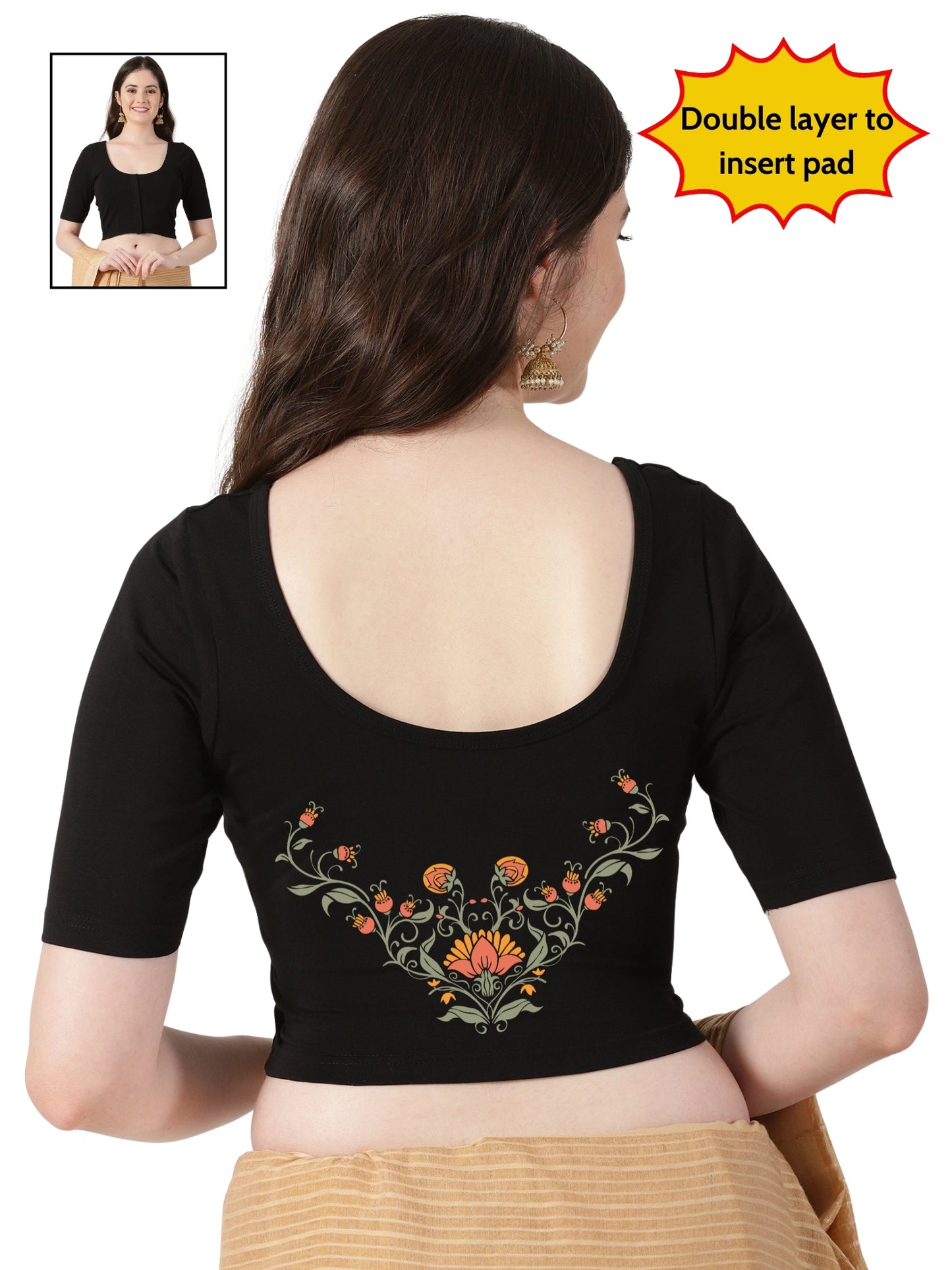 Women Front Open Back Printed Stretchable Half Sleeve Blouse U0264 Black