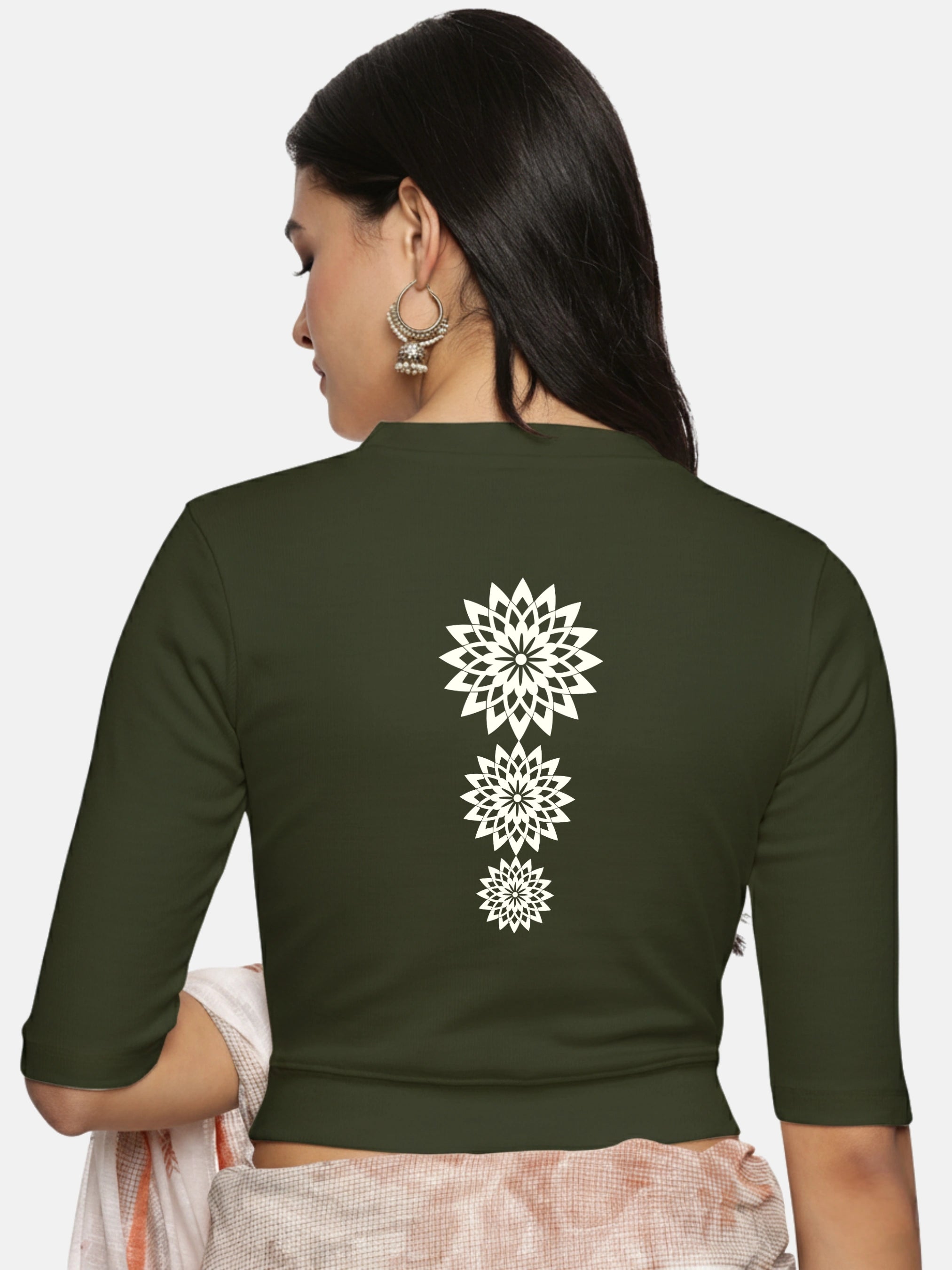 Women Back Printed Stretchable Elbow Sleeve RIB Blouse U0170 - notyetbyus