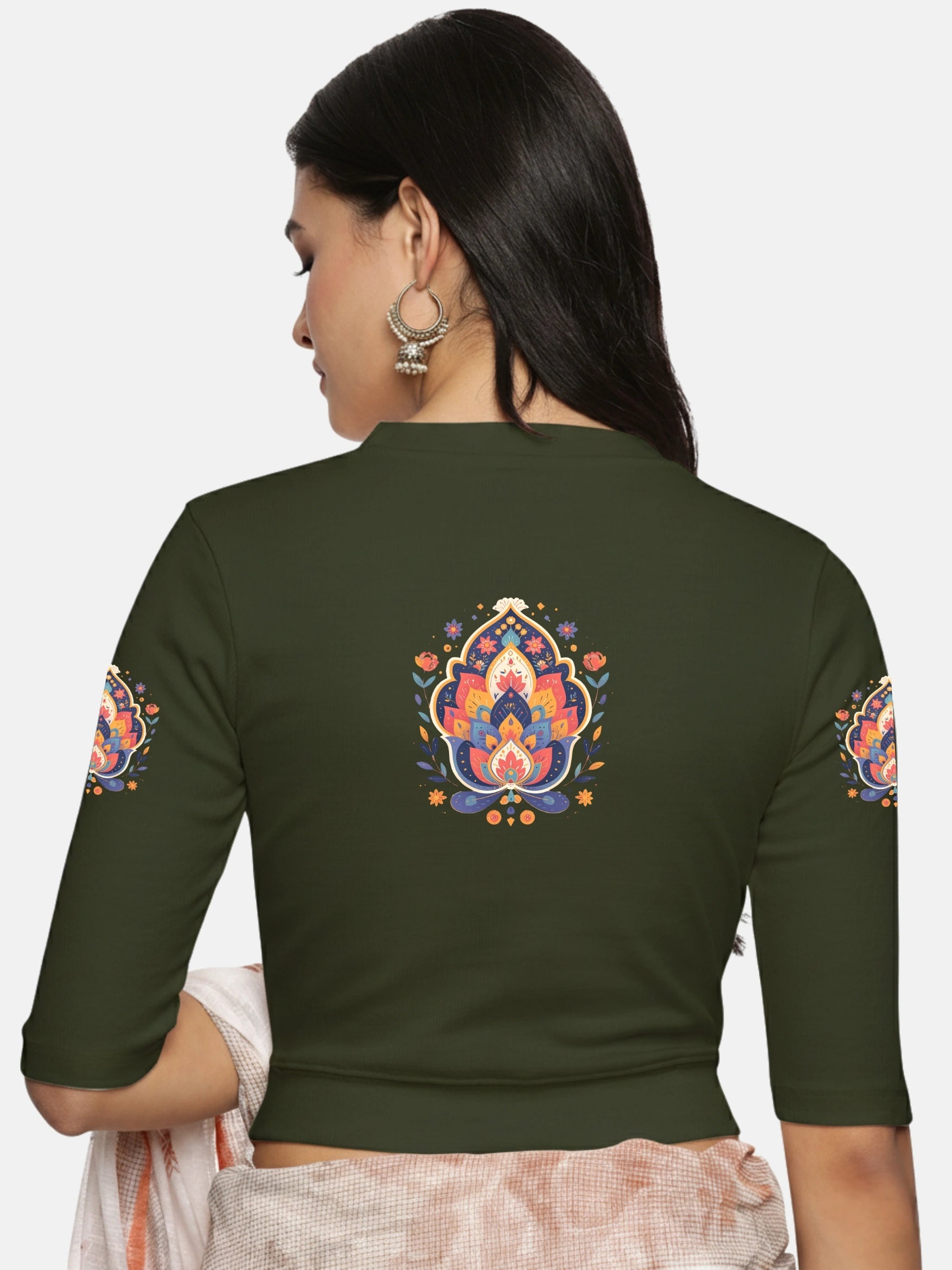 Women Back Printed Stretchable Elbow Sleeve RIB Blouse U0157 - notyetbyus