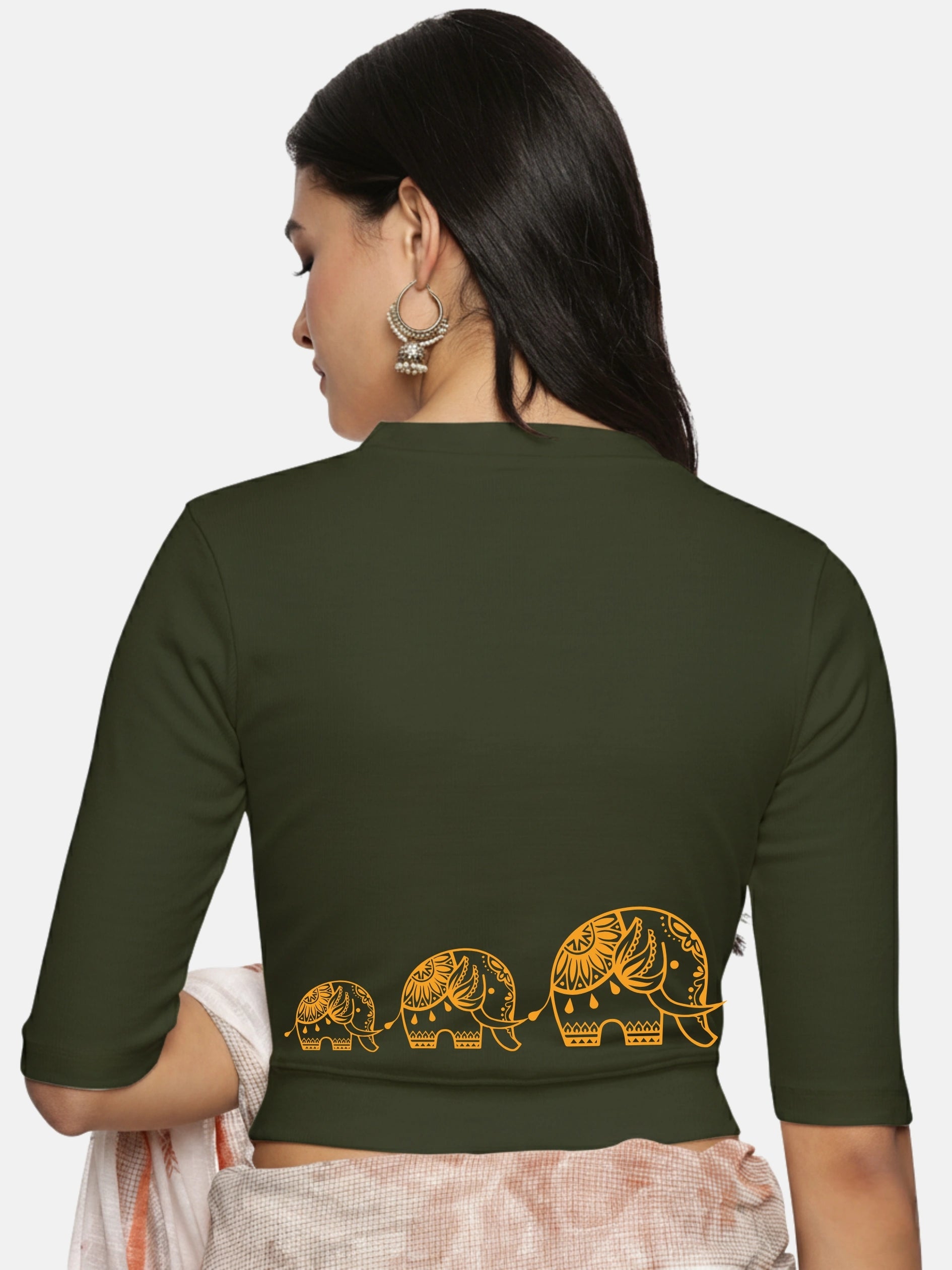 Women Back Printed Stretchable Elbow Sleeve RIB Blouse U0148 - notyetbyus