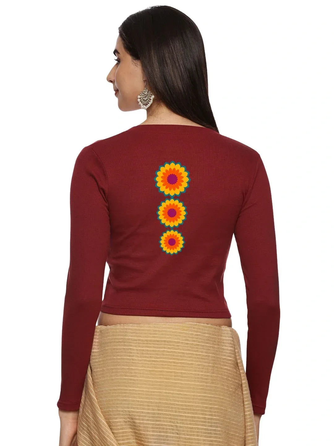 Women Back Printed Stretchable Full Sleeve V Neck RIB Blouse U0213 - notyetbyus