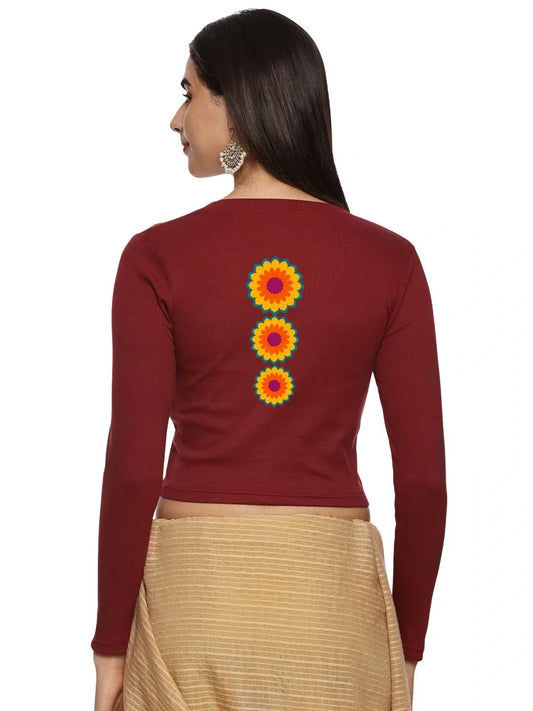 Women Back Printed Stretchable Full Sleeve V Neck RIB Blouse U0213 - notyetbyus