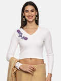 Women Back Printed Stretchable Full Sleeve V Neck RIB Blouse U0217 White